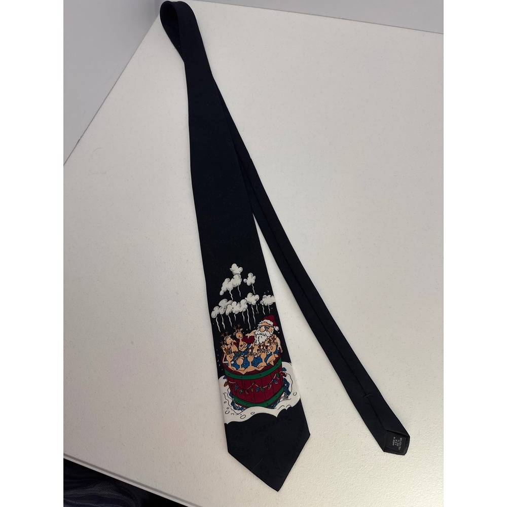 Vintage Hallmark SpecialTies Santa Reindeer Hot Tub Christmas Tie Black USA Made